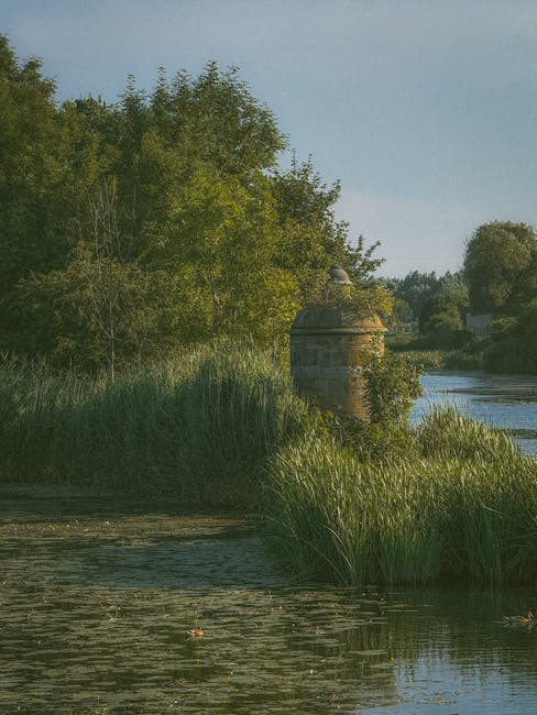 A tranquil river scene with lush green trees and tall grass lining the water's edge. A small brick structure with a domed roof, possibly a historic monument or garden feature, is partially obscured by